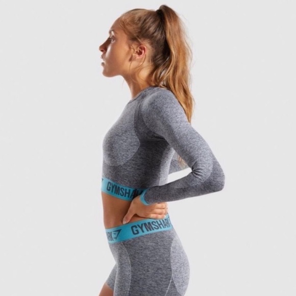 GYMSHARK Flex Long Sleeve Crop Top Women Size Small Charcoal Gray Teal Trim - Picture 5 of 7
